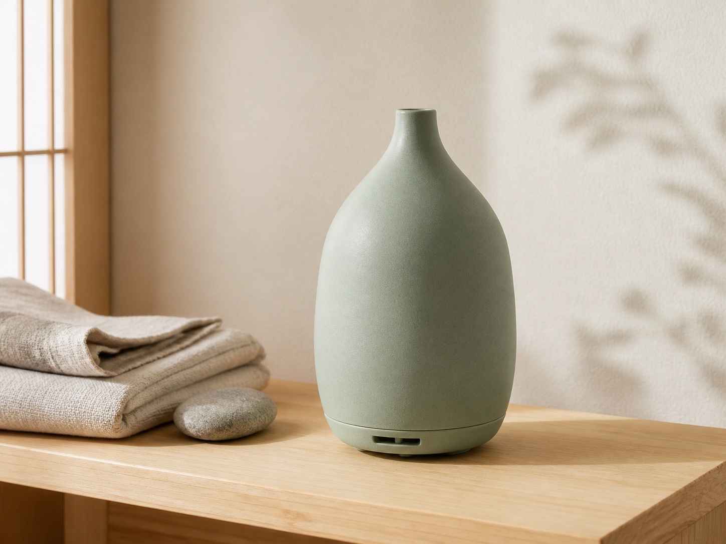 日本の住空間で陶器のアロマディフューザーを見せる生活場面の作例